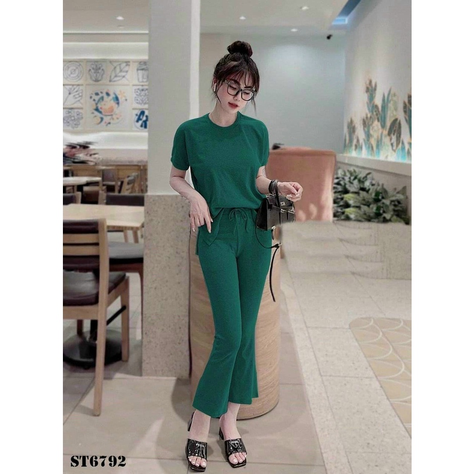 (Mẫu mới FreeShip)Đồ bộ nữ,bộ thun gân áo xẻ tà phối quần ống loe có túi,chất gân mềm hàng chuẩn shop,lên from siêu xinh
