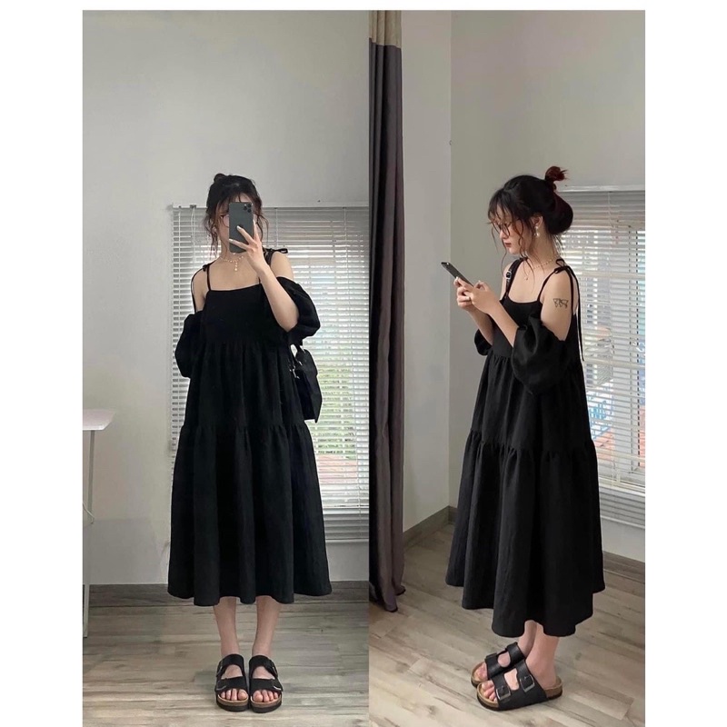 Váy 2 Dây Buộc Vai Kèm Ống Tay Tháo Rời Dáng Xoè Cực Xinh