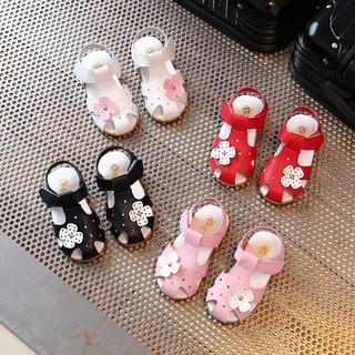 Little girls PU leather flower velcro soft sandal