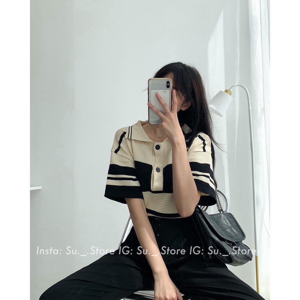 [SẴN/VIDEO] ÁO LEN KẺ SỌC CỔ ĐỨC CỘC TAY HÌNH BÒ SỮA HÀNG QUẢNG CHÂU LOẠI 1