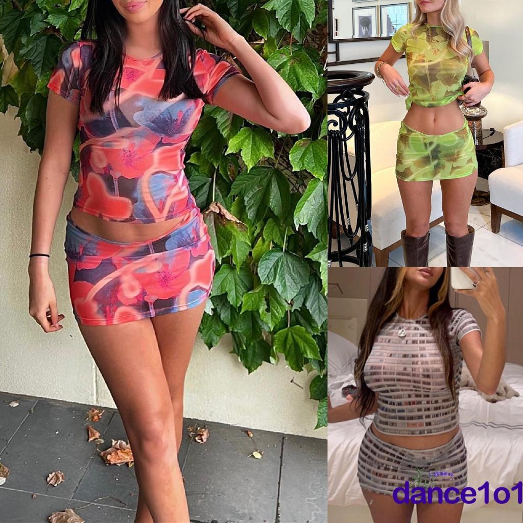 ❀Pq✪Bộ Áo Tay Ngắn In Họa Tiết + Chân Váy Mini Dễ Thương Cho Nữ