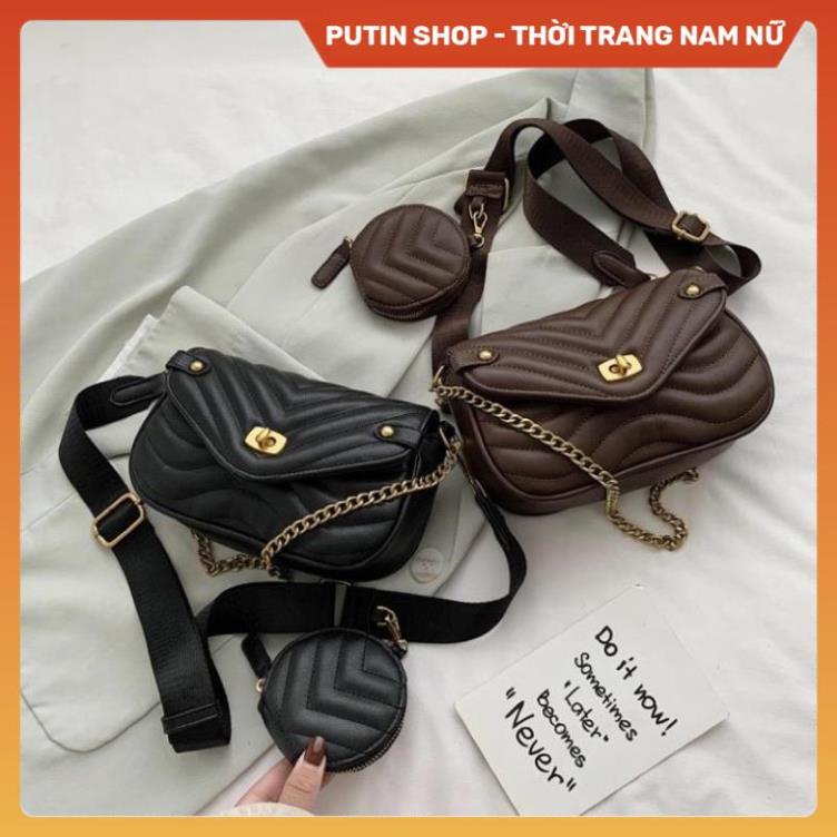 Túi trần trám da mềm bản 2 dây kèm ví tròn nhỏ siêu hót, Túi xách đeo chéo màu đen trắng nâu thời trang mới
