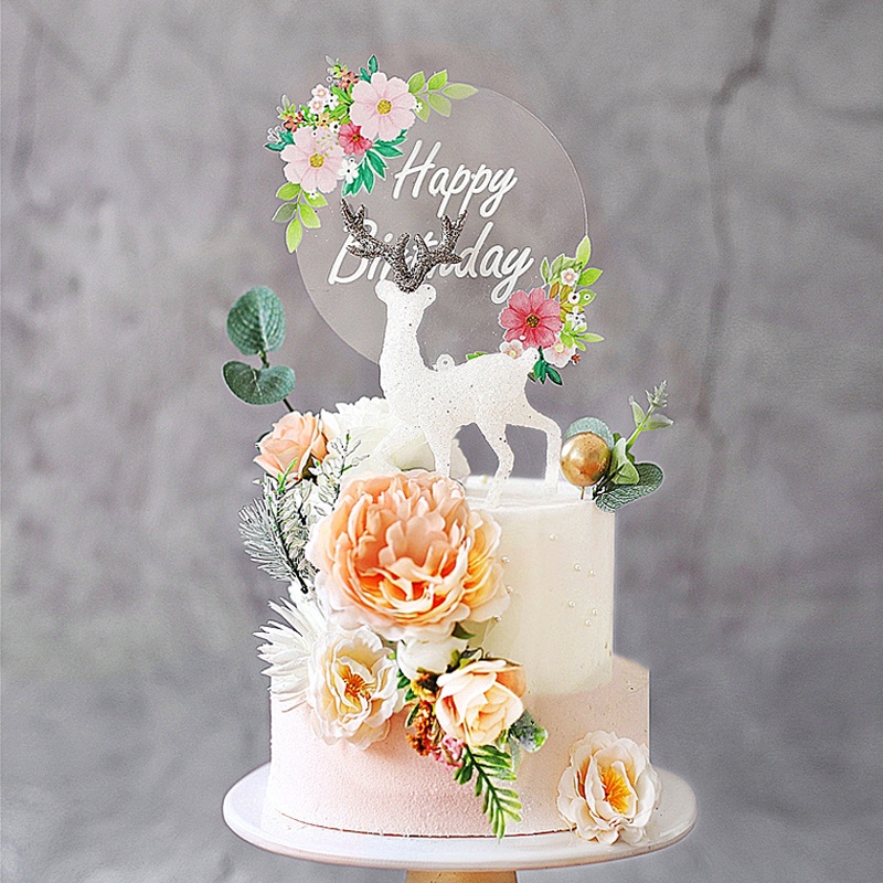 Phụ Kiện Trang Trí Bánh Sinh Nhật Bằng Acrylic Họa Tiết Hươu Và Hoa Nhiều Màu Sắc
