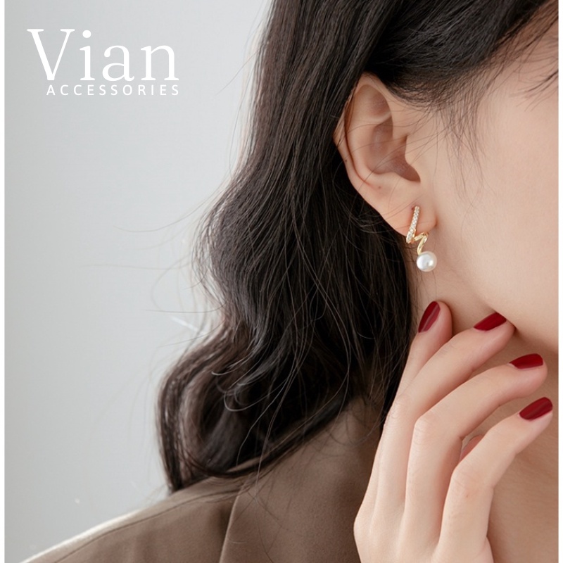 Khuyên Tai - Bông Tai Nữ Chữ S Đính Ngọc Cao Cấp Chuôi Bạc 925 Vian Accessories KT45 Anthea Kiểu Dáng Thanh Lịch