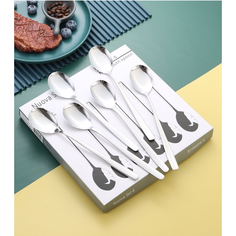 Hộp 6 thìa inox cán dài xuất xứ Đức cao cấp - Set 6 thìa inox đóng hộp sang trọng