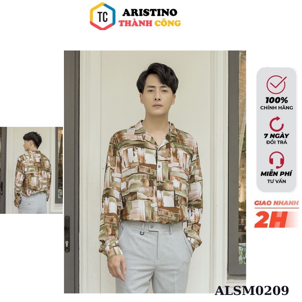 Áo sơ mi dài tay Aristino họa tiết trẻ trung , cổ áo chữ K , from rộng ALSM0209