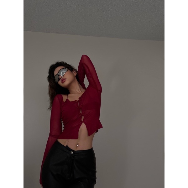 TMRSTUDIOS  - ÁO TAY DÀI LƯỚI ĐÍNH NƠ NHỎ NHẮN XINH XẮN - TINYBOW TOP