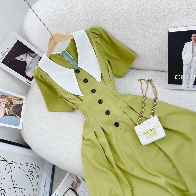Váy suông vintage cổ bèo phối nút đi dạo đi chơi nhẹ nhàng nữ tính