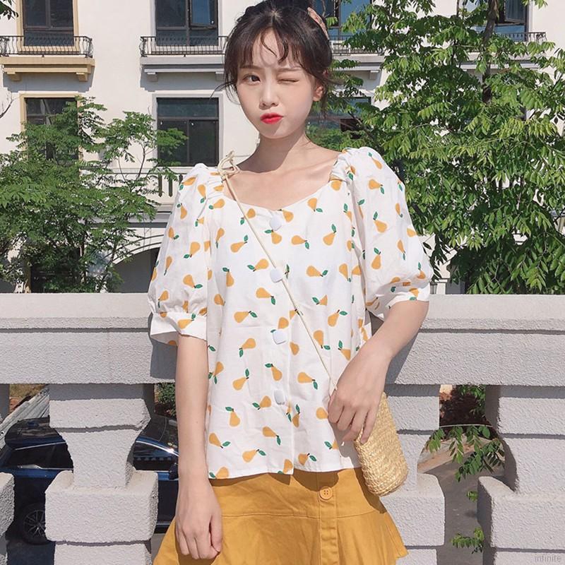 Áo kiểu ngắn tay in họa tiết trái cây xinh xắn dành cho nữ