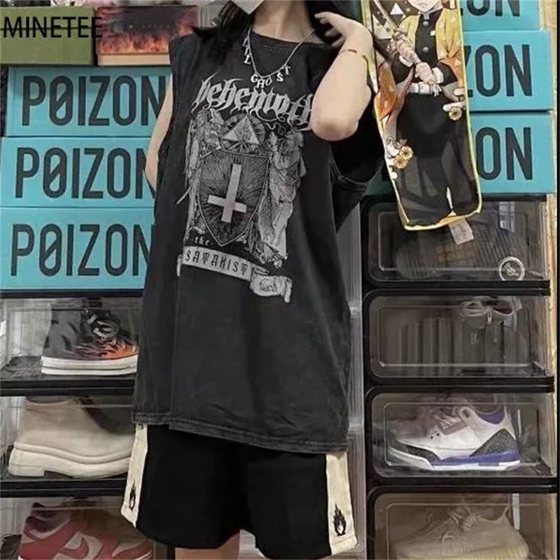 Jiashucheng Áo Thun Thể Thao Sát Nách Dáng Rộng Phong Cách Hip Hop Đường Phố Âu Mỹ Cao Cấp Cho Nữ