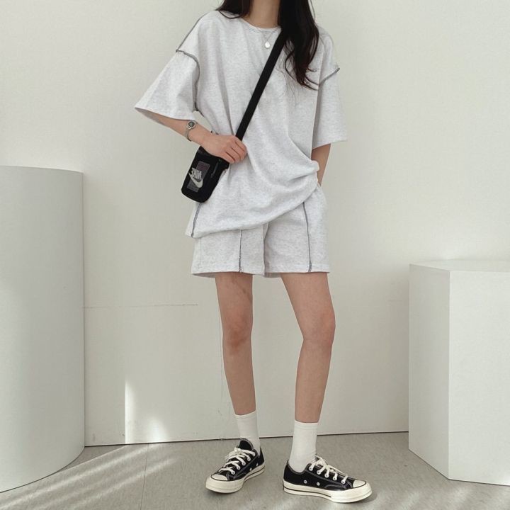 Bộ quần áo thể thao 100% cotton màu trơn dáng rộng phong cách hè 2021 cho nữ (có bán lẻ)