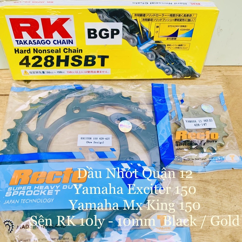 Yamaha Exciter 150 - MX King 150 Bộ Nhông 14T - Dĩa 42T 43T - Sên RK 428HSBT Black / Gold Đen Vàng Chính Hãng