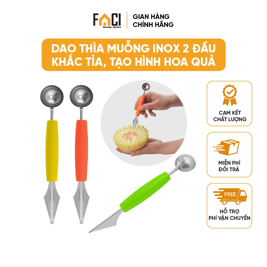 Dao tỉa hoa quả Faci 2 đầu inox. Dao tỉa hoa quả khắc tỉa thìa nạo tạo hình hoa quả múc dưa hấu trái cây rau củ