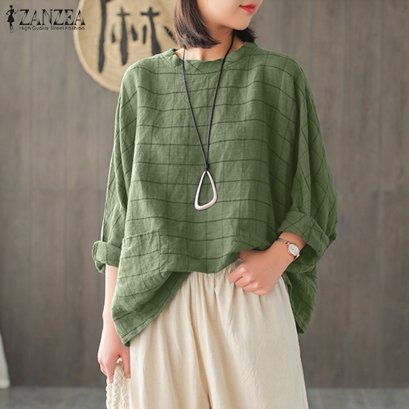 ZANZEA Áo Kiểu Tay Cánh Dơi Họa Tiết Caro Thời Trang Cho Nữ