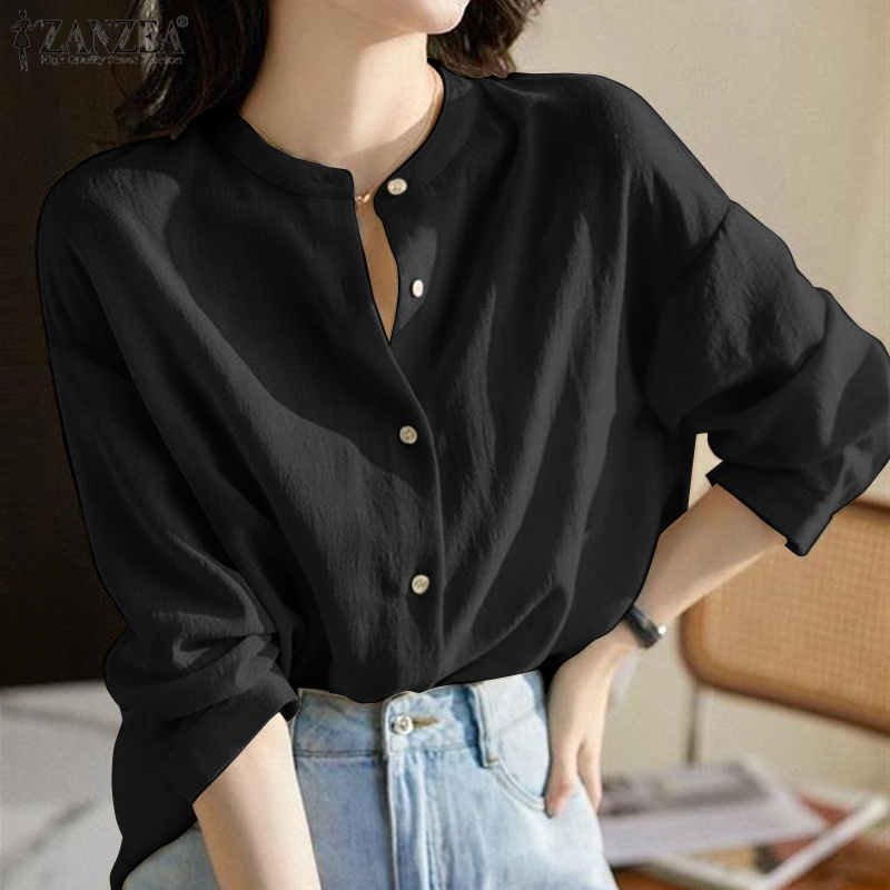 ZANZEA Áo Thun Tay Dài Cổ Tròn Màu Trơn Cài Nút Đơn Giản Thời Trang Đường Phố Cho Nữ