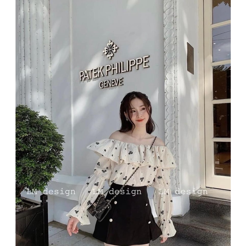 Áo Trễ Vai Dài Tay Hoa Nhí - Áo Trễ Vai Bánh Bèo Cho Các Nàng Đi Tiệc Hoặc Dạo Phố