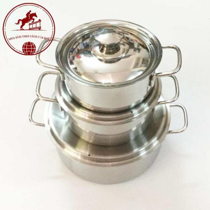 Combo Bộ 3 Nồi Inox Sharp Cao Cấp Đáy Từ H&E Dùng Được Cho Bếp Từ, Inox Sang Trọng, Vệ Sinh Đơn Giản