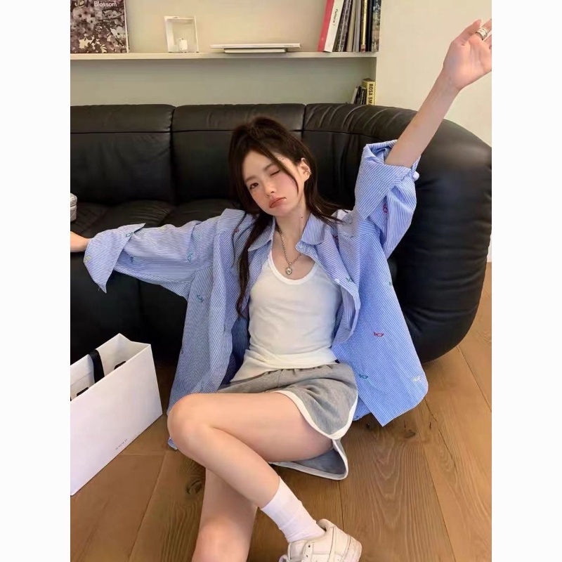 COZOK Áo Sơ Mi Tay Dài Kẻ Sọc Thời Trang retro Dễ Phối Đồ