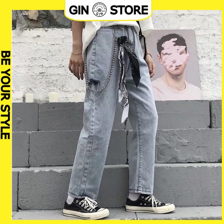 Quần Jeans baggy rách ngang kèm dây quần baggy ống suông nam nữ unisex - Gin Store