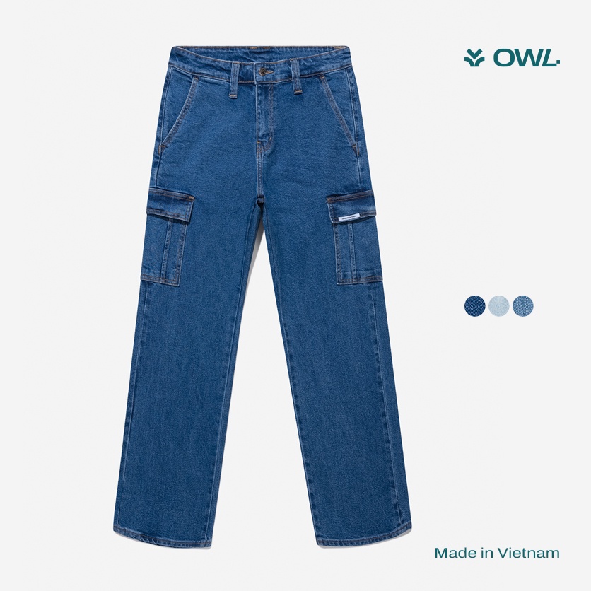 OWL BRAND ® CARGO RELAX JEANS - Quần jeans nam, dài túi hộp ống rộng / Xanh đậm - OWL111021