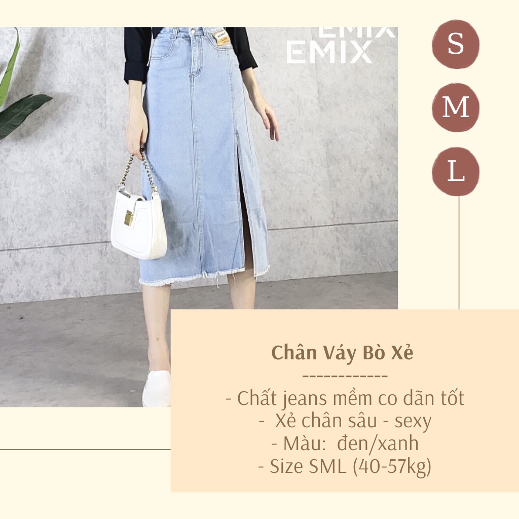 Chân váy jean xẻ chân EMIX (màu xanh), dáng dài, 1 lớp, cạp cao, dài 78cm, chất jean mềm mịn đứng dáng, xẻ chân cuốn hút