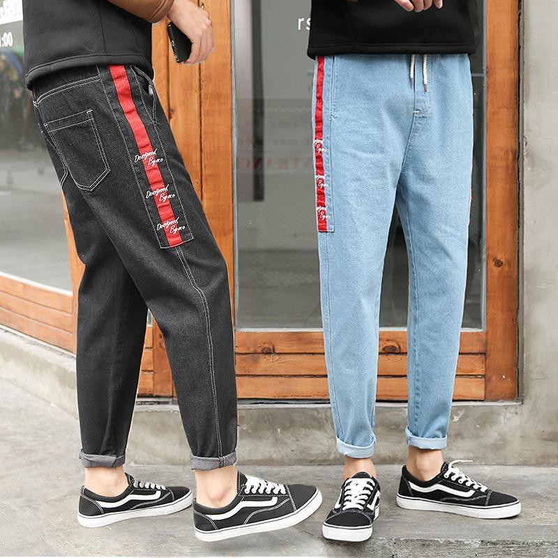 Quần Jean mảnh len của đàn ông mảnh len Damage Slim Fit Deni Pants nữ sinh nữ Hàn Quốc phiên bản quần jean mùa đông của người da đen