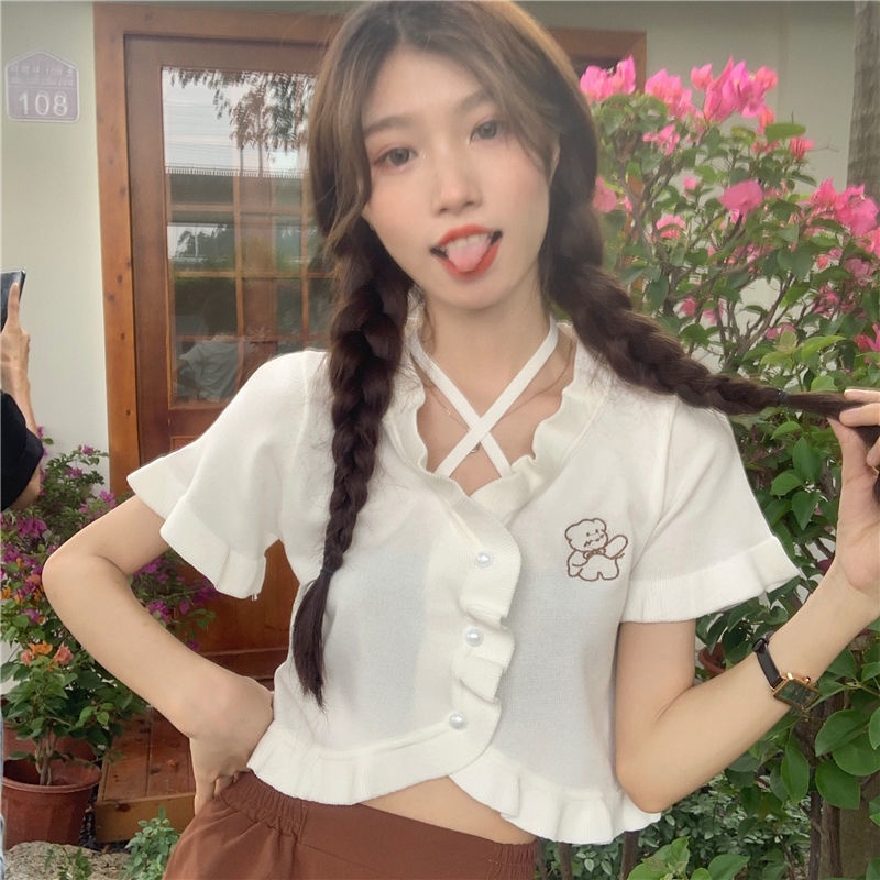 Áo croptop tay ngắn in hình hoạt hình ngọt ngào dáng ôm thời trang mùa hè cho nữ