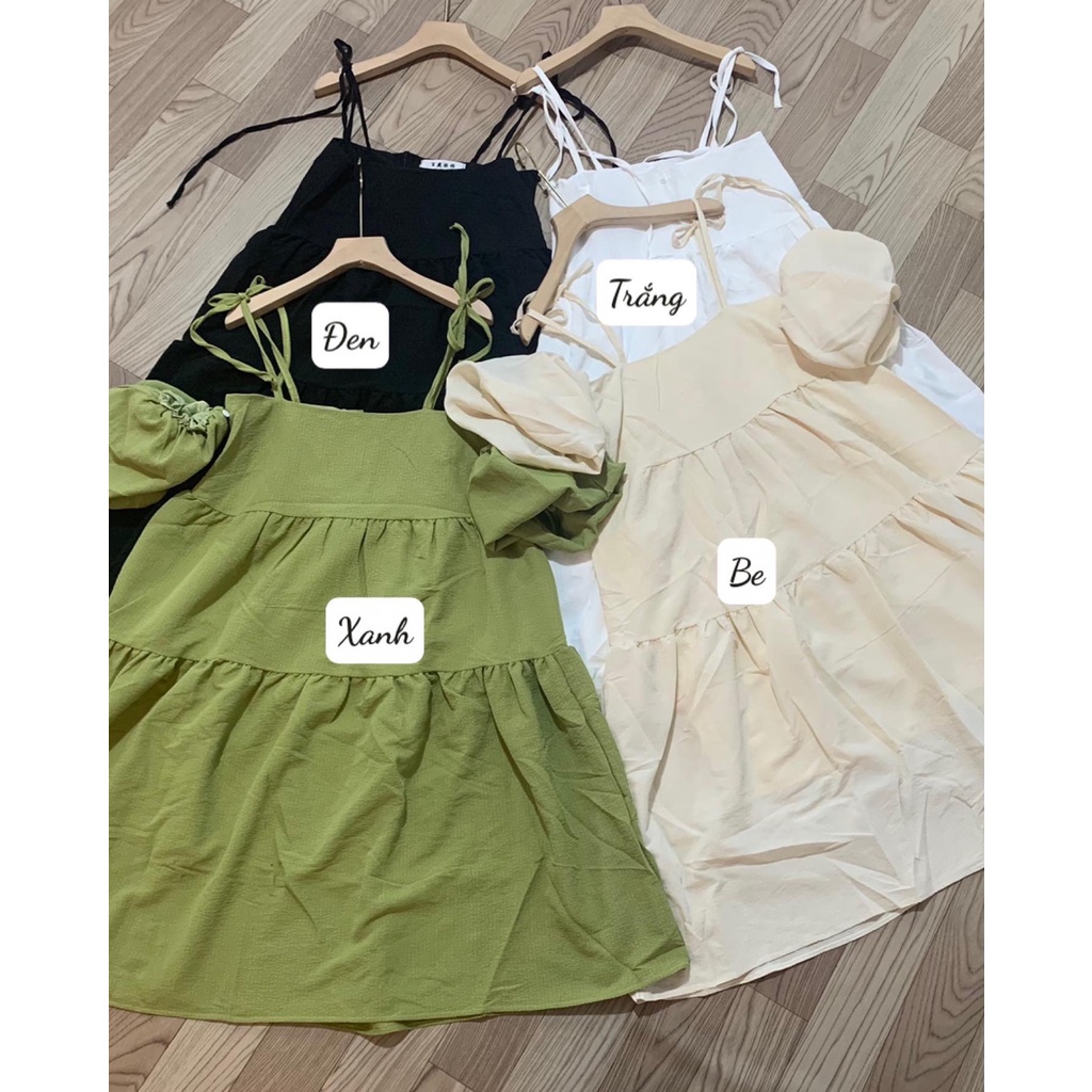 Váy maxi babydoll mặc 4 kiểu form xòe tay rời đính cúc, Váy 2 dây mặc nhiều kiểu