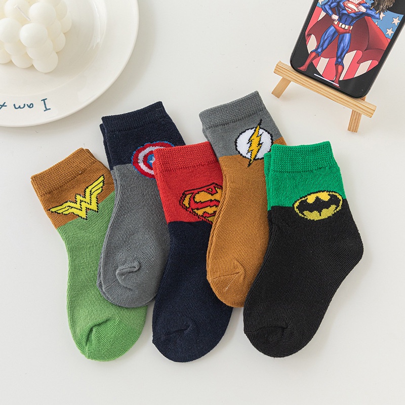Bộ 5 đôi vớ KOKOROCARE MH-04 cotton họa tiết siêu nhân hoạt hình thể thao size M/ L/XL dành cho bé 3-12 tuổi