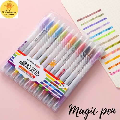 Set 12 bút Magic color pen double-headed highlighter của Hàn Quốc dùng để trang trí sổ, notebook, bullet jou