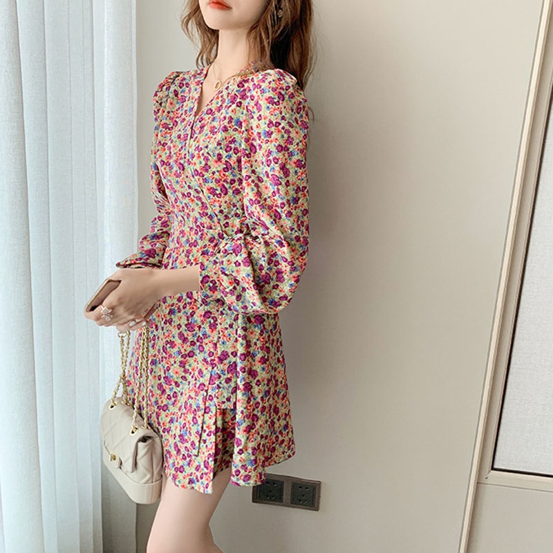IELGY IELGY Đầm chiffon Chữ A Tay Dài Dáng Ôm In Họa Tiết Hoa Thời Trang Cho Nữ
