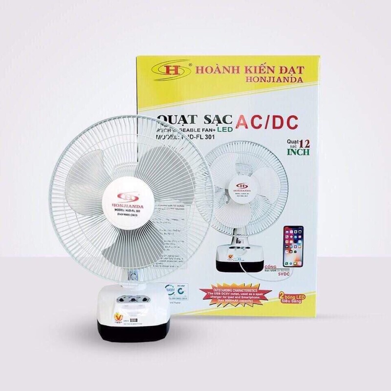 Quạt Sạc Tích Điện,2 Chế Độ AC/DC,Có Đèn Led,Khe Sạc Điện Thoại Khẩn Cấp