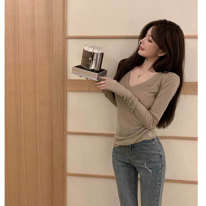 Miss titi [Thân Thiện Với Làn Da 3 Màu!Áo Thun Nữ Tay Dài Cổ Chữ V Ôm Dáng Thời Trang