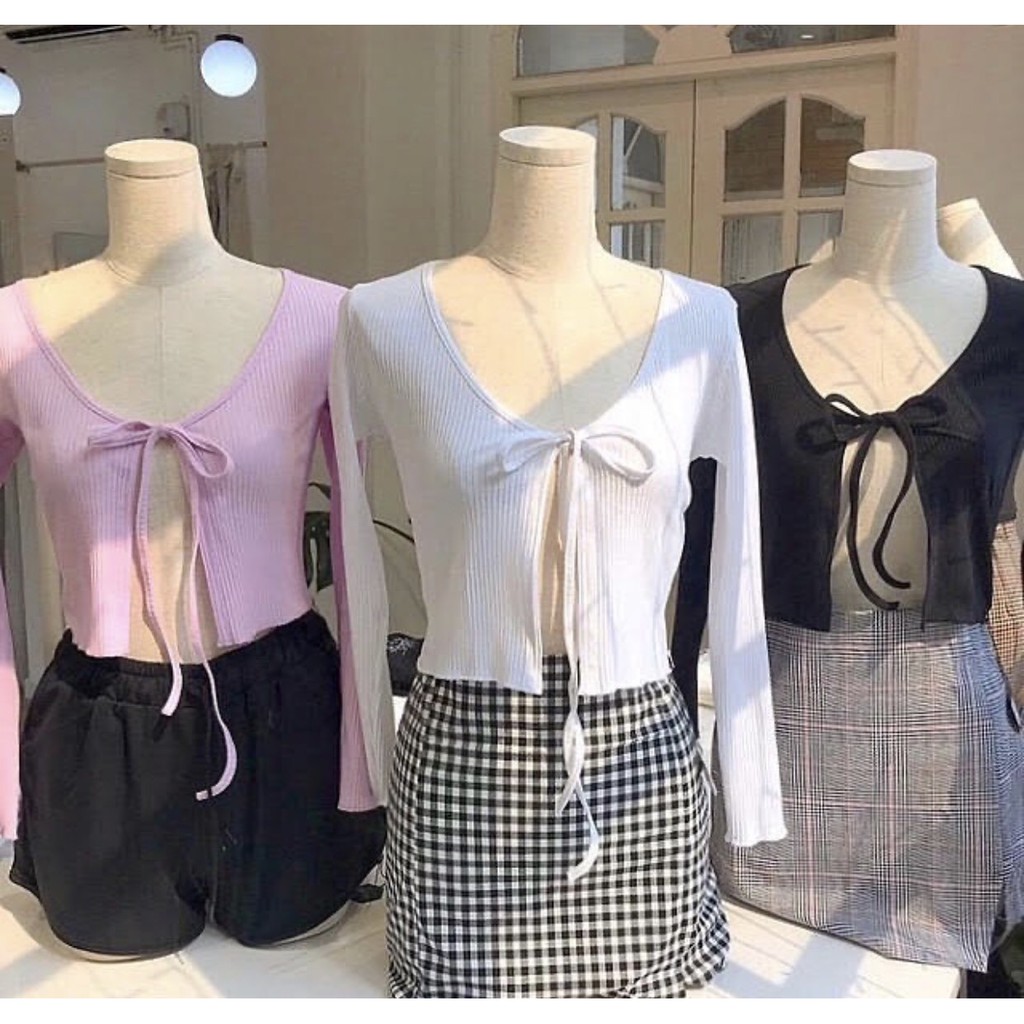 Áo khoác nhẹ croptop tay dài JOY BABE 🖤🤍cột dây mong manh sexy, mix đồ nhiều kiểu thun gân trắng đen áo kiểu CROD 42 -2A