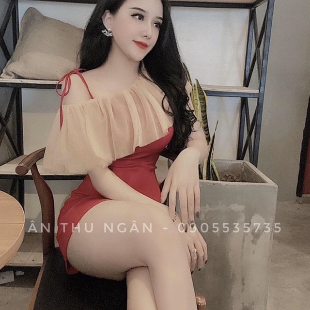 Váy umi phối voan trễ vai