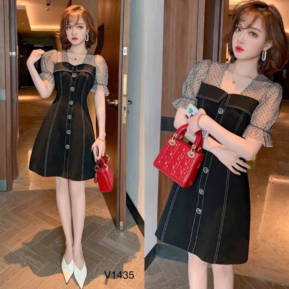 Đầm đen phối voan lưới tay 💟499K💟 hàng thiết kế V1435 ✅ kèm ảnh thật