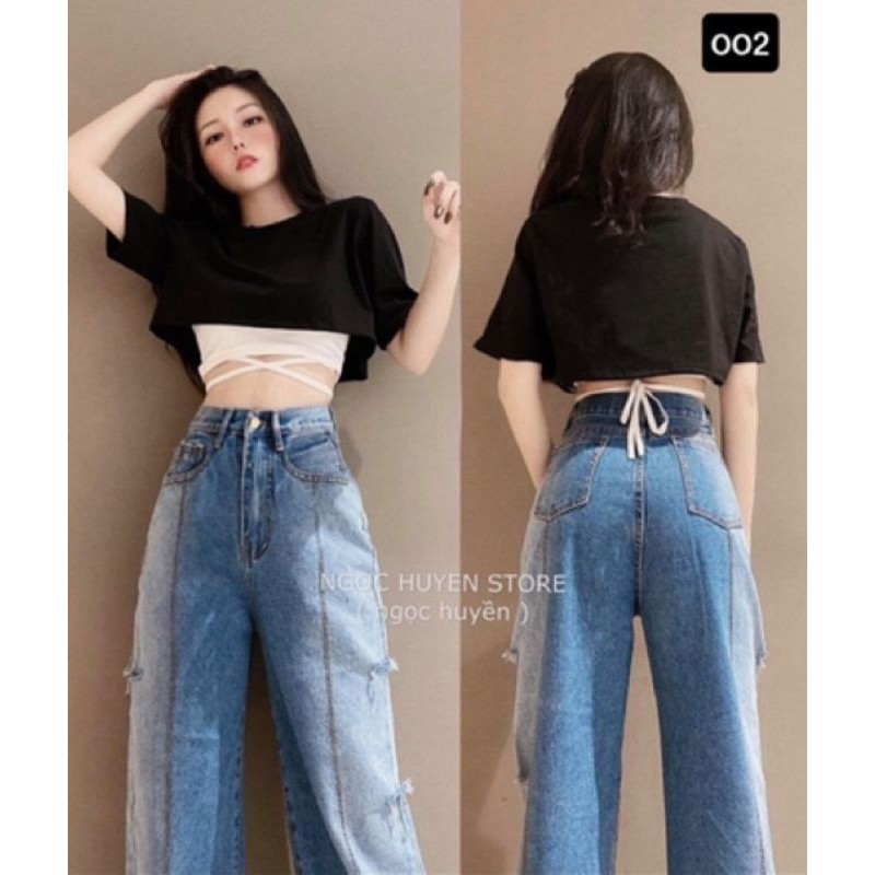 Quần jeans ống rộng rách sườn loang màu, kèm ảnh thật