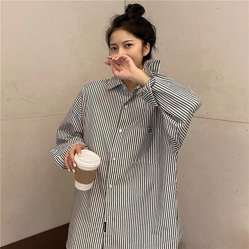 Áo Sơ Mi Tay Dài Dáng Rộng Họa Tiết Kẻ Sọc Phong Cách Hàn Quốc Thời Trang Cho Nữ