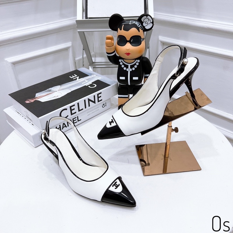 Giày cao gót chanel phối mũi quai sau đính ngọc