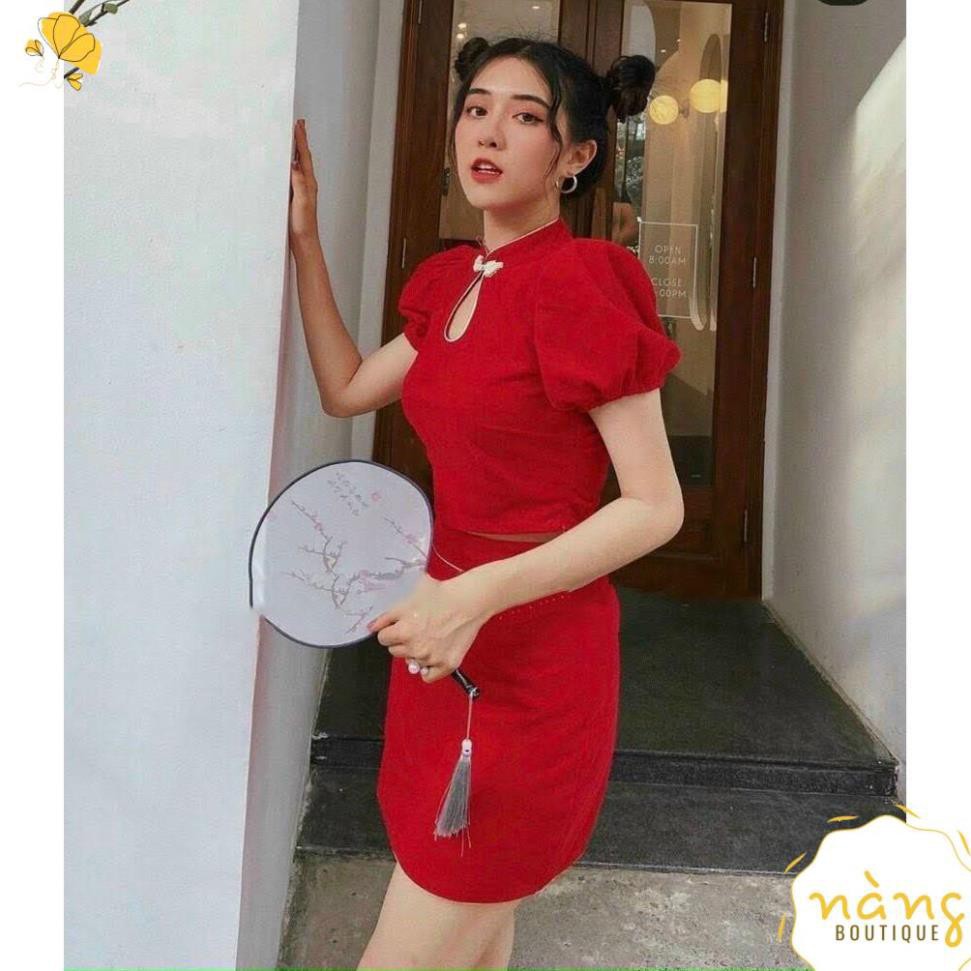 Set Váy Đỏ 💖FREESHIP💖 SET CROP NHUNG ĐỎ CỔ TÀU + CHÂN VÁY VIỀN [Mẫu Mới 2021]