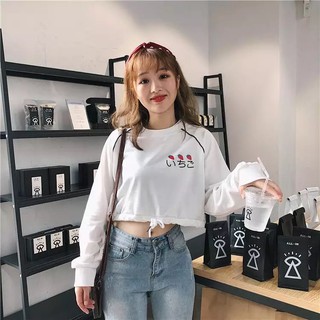 Áo Thun Croptop Dài Tay Họa Tiết Trái Dâu Rút Dây Bụng Xinh Xắn EVA AO 10118