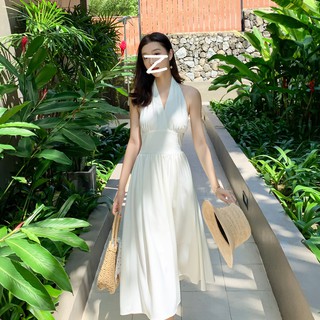 Váy midi voan dáng xòe màu trắng cổ yếm hở lưng cực xinh - MS066 (Có ảnh thật)