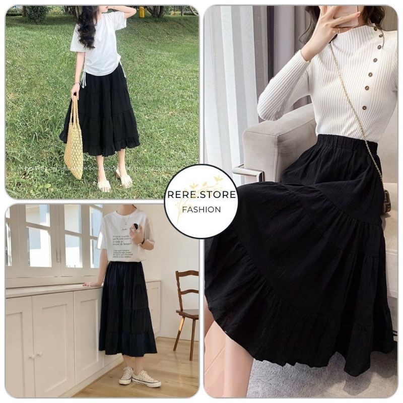 Chân Váy Dáng Dài Đũi Nhăn Nữ - Rere.Store [FREESHIP] - Đầm tiểu thư bánh bèo màu đen basic cạp chun Ulzzang | BigBuy360 - bigbuy360.vn