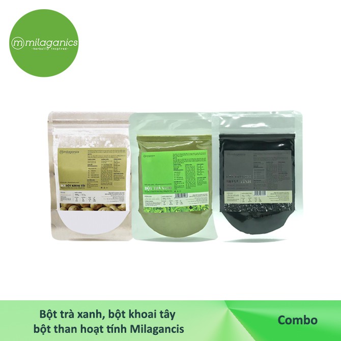 Combo siêu dưỡng da Bột trà xanh 100gr+Bột khoai tây100g+Bột than hoạt tính Milaganics 50g | BigBuy360 - bigbuy360.vn