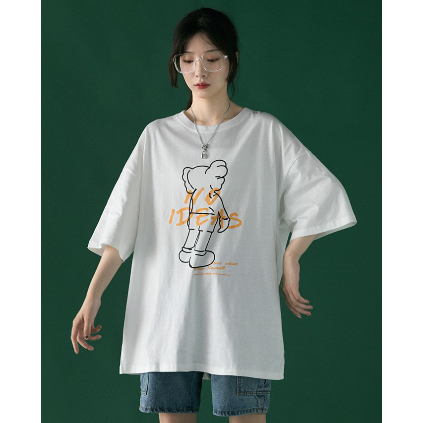 Áo thun tay lỡ Unisex Familylove - Áo phông nam nữ họa tiết Gấu NO IDEA trẻ trung chất liệu cotton 100%