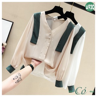Áo sơ mi cổ tim phối màu - A920