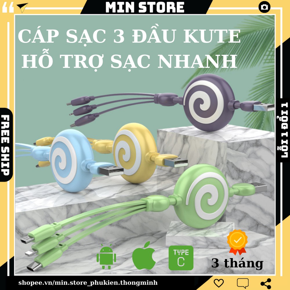 Cáp sạc đa năng 3 đầu - Kéo rút (1 mét ) - Sạc nhanh - Min STORE