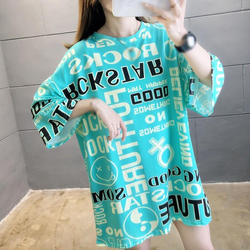 Áo tay ngắn Ngắn Tay In Chữ Dáng Rộng Cho Nữ