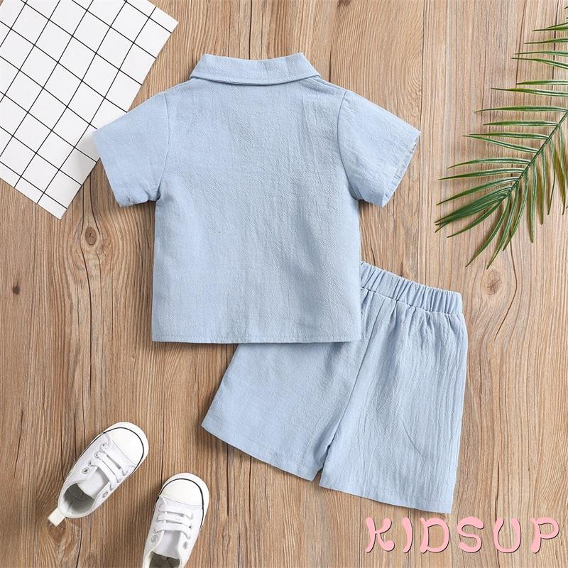 Set Đồ 2 Món Gồm Áo Tay Ngắn Cổ Bẻ Màu Trơn + Quần Short Cho Bé Trai