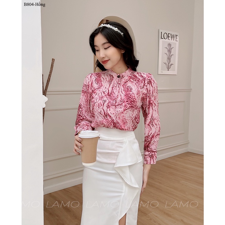 B804- Áo sơ mi công sở nữ họa tiết kiểu đẹp cổ trụ nút bấm